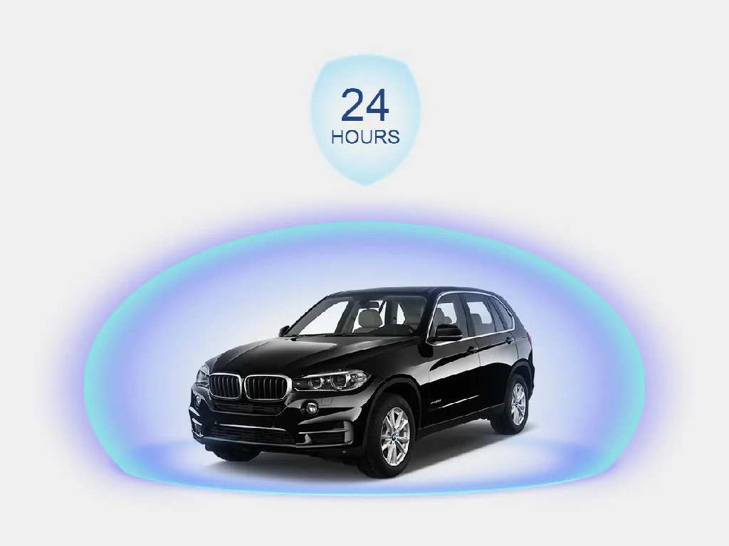 A car protected by a 24-hour digital shield, representing the GD102's comprehensive critical event alert system.