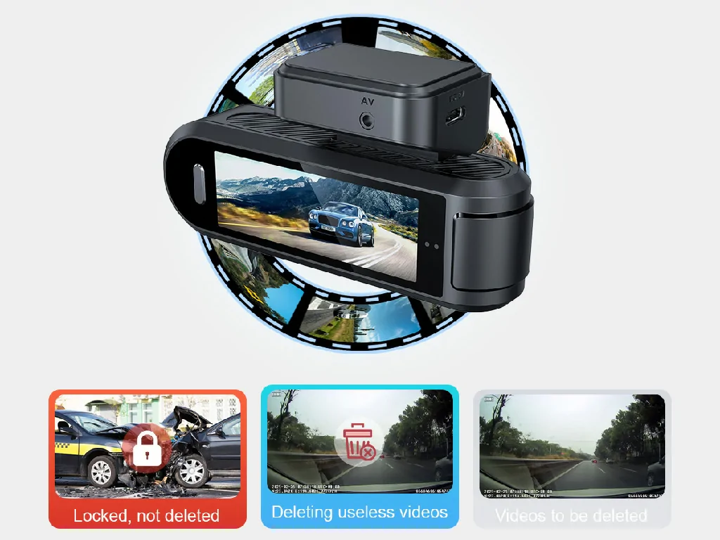 The GD09 dashcam demonstrating its loop recording feature, which automatically locks and saves important collision videos.