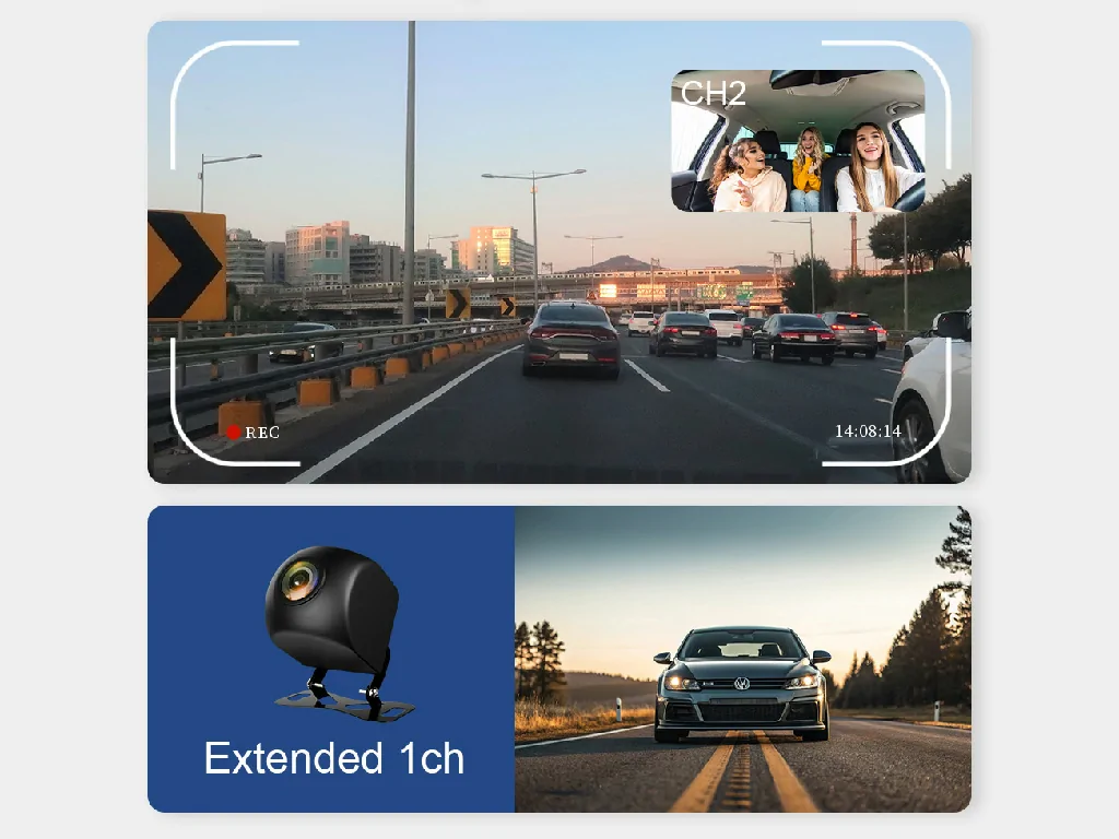 The GD10 dashcam showing its multi-channel recording with a forward view, interior view, and an optional external camera.